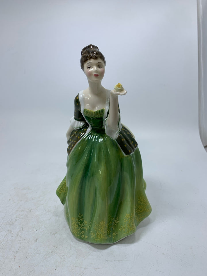 VTG LADY W/ ROSE GREEN DRESS "FLEUR" FIGURINE.