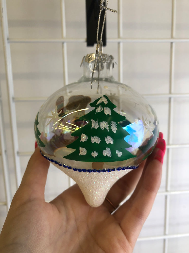IRIDESCENT GLASS ORNAMENT W/ PAINTED TEDDY RED/GREEN SWEATER.