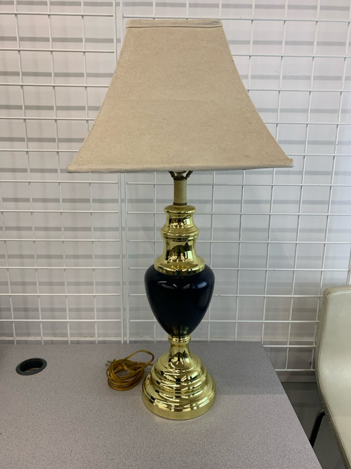 BLUE & GOLD LAMP W/ SOFT SHADE.