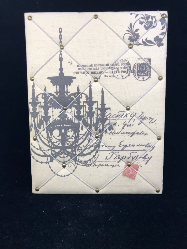 FABRIC RIBBON MEMO BOARD W/ CHANDELIER + SCRIPT.