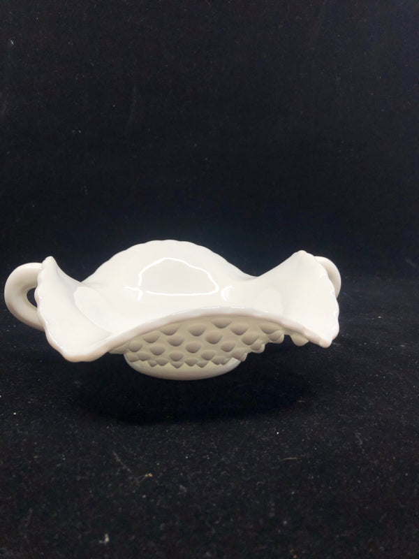 VTG MILK GLASS RAISED EDGE CANDLE PLATE W 2 HANDLES.