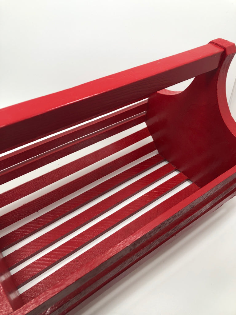 RED PAINTED WOODEN TOOLBOX/BASKET.