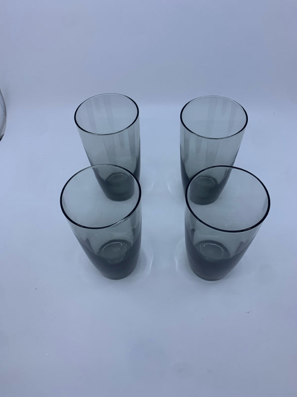 4 HEAVY BOTTOM DARK GLASS TUMBLERS.