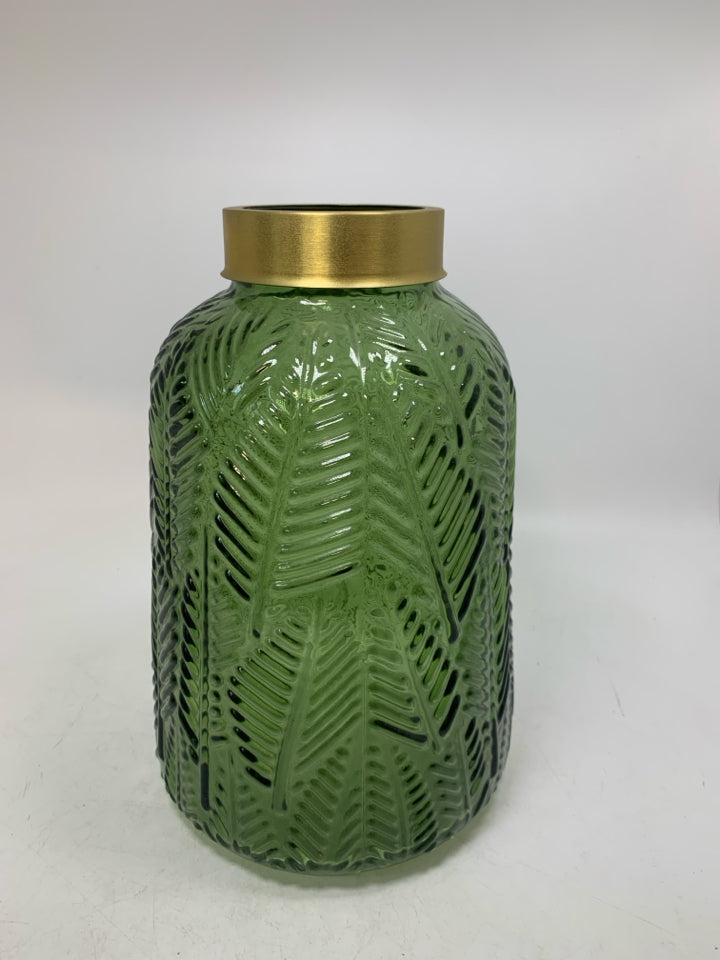 TEXTURED DARK GREEN VASE W/ GOLD METAL TOP.