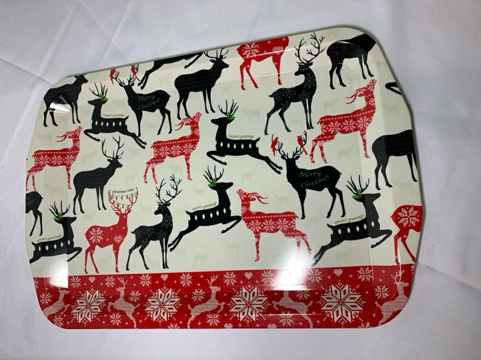 PLASTIC SERVING TRAY W/ RED+BLACK REINDEER.