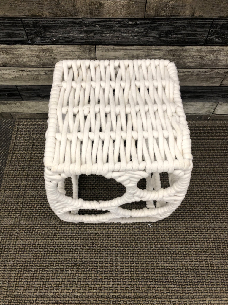 WHITE ROPE-WRAPPED GEOMETRIC ACCENT TABLE.