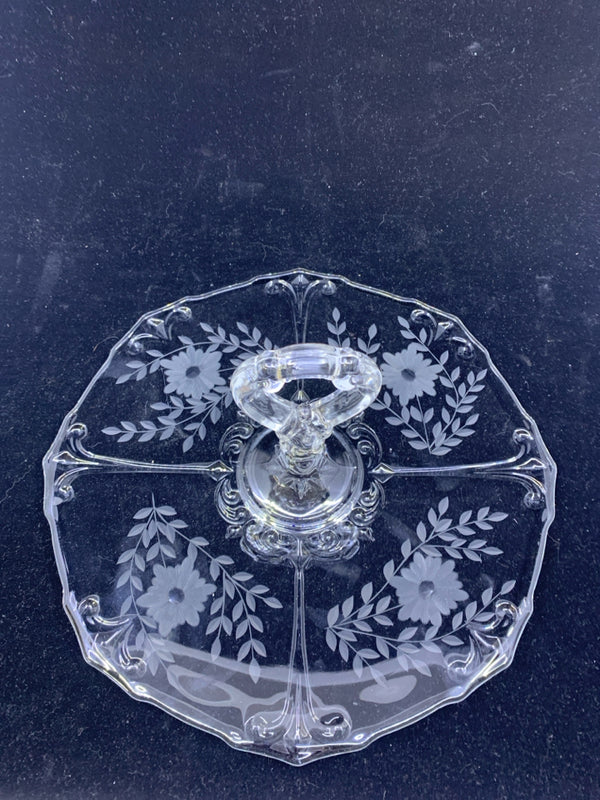 VTG FROSTED FLOWERS W/ HANDLE GLASS SERVER.