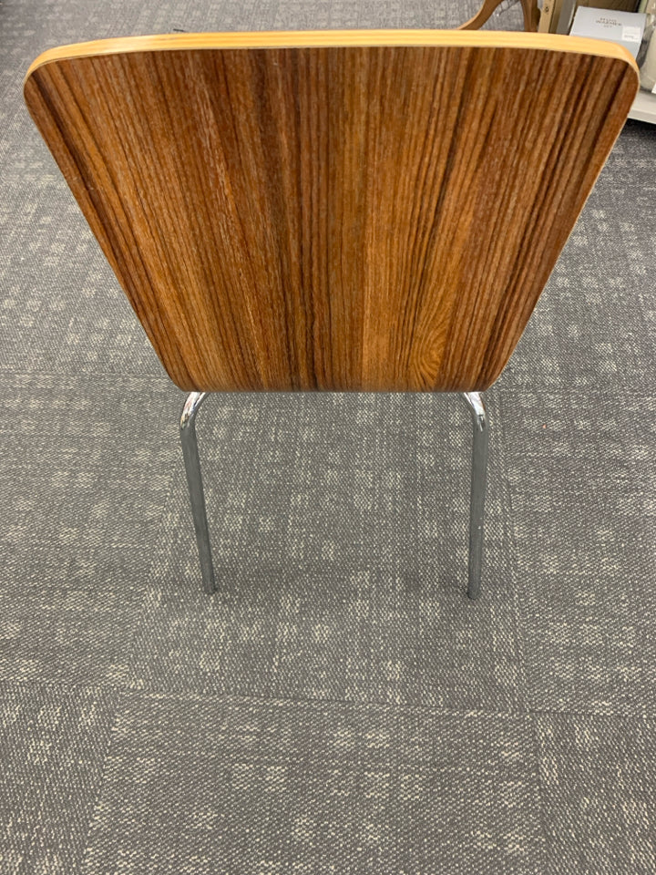 LAMINATE WOOD DESK CHAIR W/ SILVER LEGS.