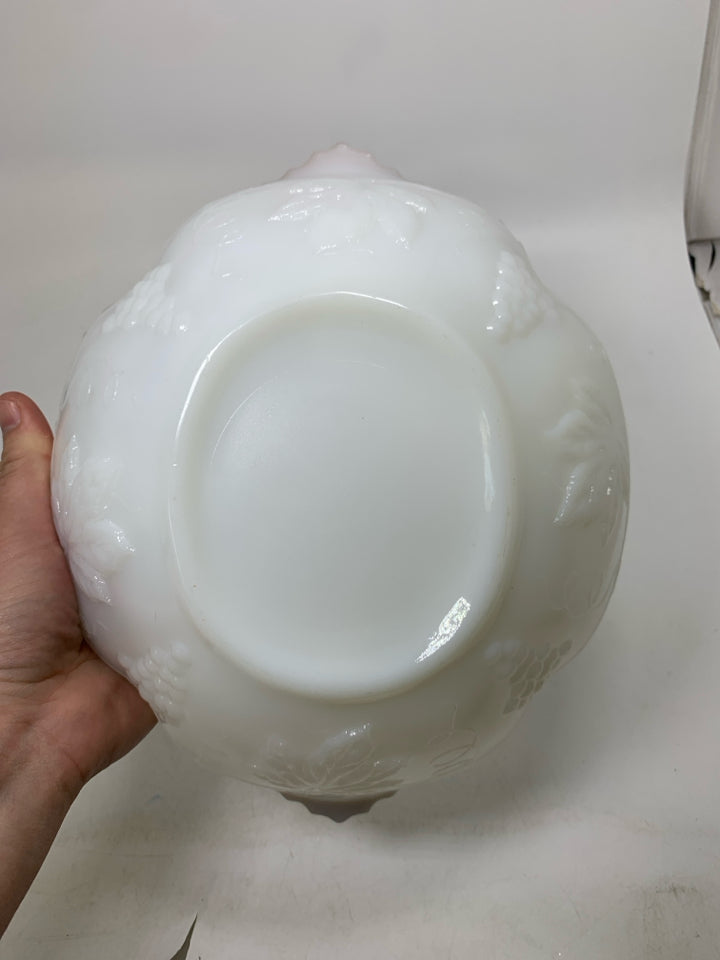VTG MILK GLASS EMBOSSED GRAPES BOWL W/ GOLD EDGES.