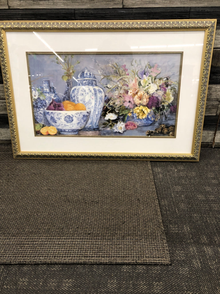 FRUIT AND FLOWERS PICTURE W/ GOLD EMBOSSED FRAME.