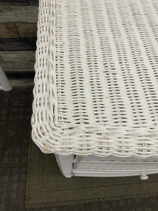 WHITE WICKER 3 DRAWER DRESSER.