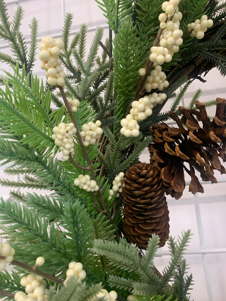 FAUX WREATH W PINECONES AND WHITE PIP BERRIES.