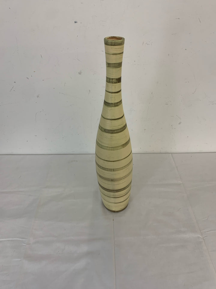 TALL CREAM STRIPED VASE W NARROW TOP.