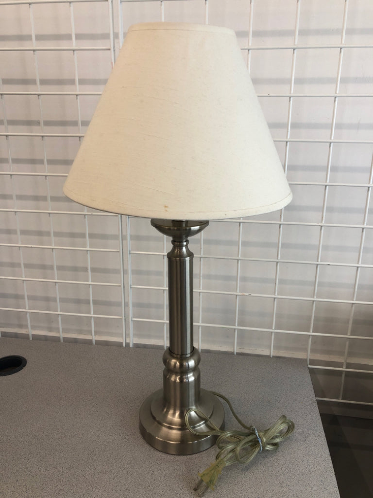 SILVER LAMP W/WHITE CONE SHADE.