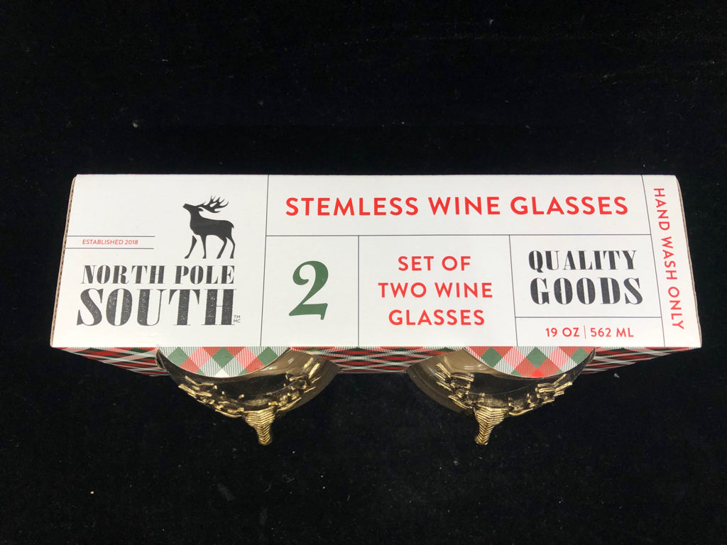 NIB NORTH POLE SOUTH STEMLESS WINE GLASSES.