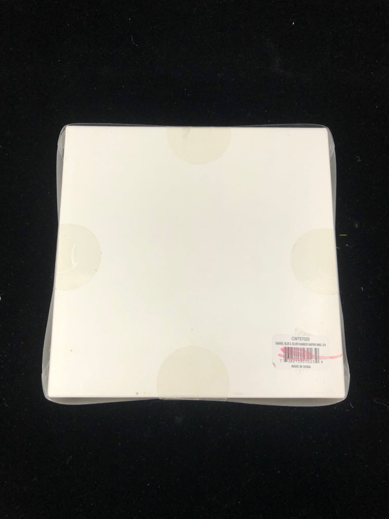 NIP 4PC ENAMEL BLUE&SILVER BAMBOO NAPKIN RING SET.