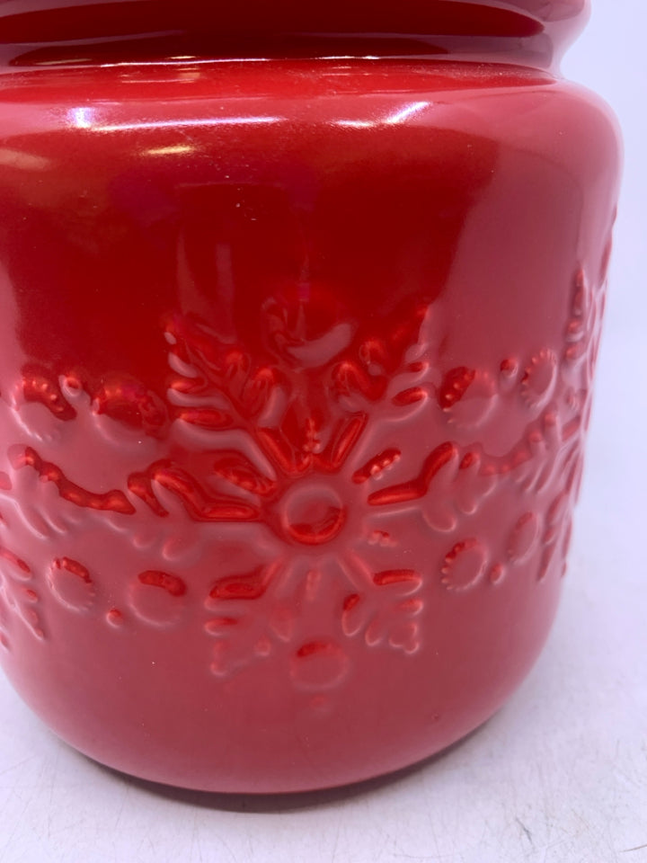 RED CANISTER W/ EMBOSSED SNOWFLAKES CRATE & BARREL.