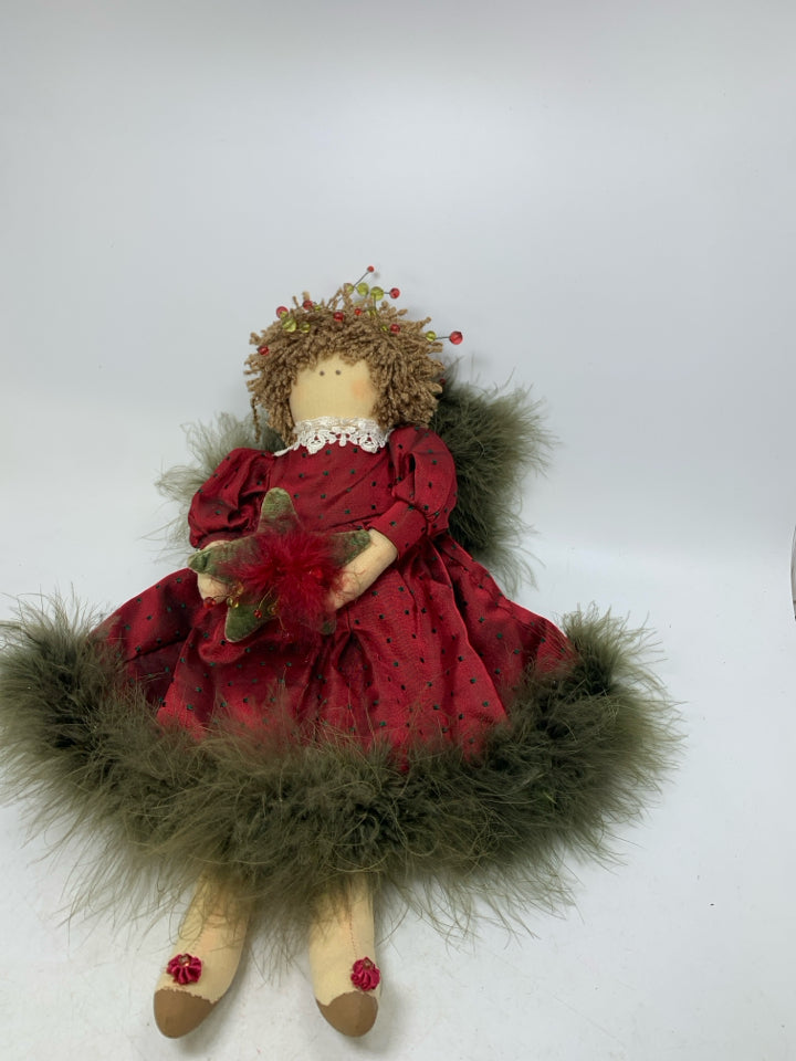 PLUSH RED SILK DRESS ANGEL W/ GREEN FEATHER TRIM.