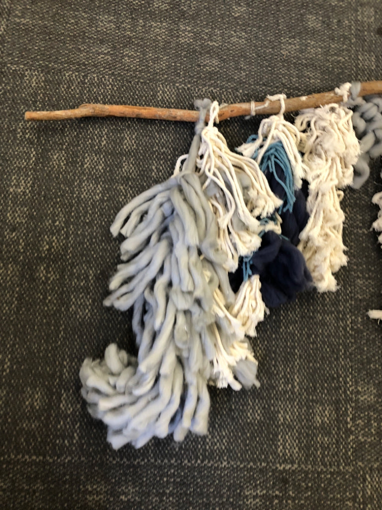 STICK WALL ART-MACRAME GREY+BLUE BRAIDED.