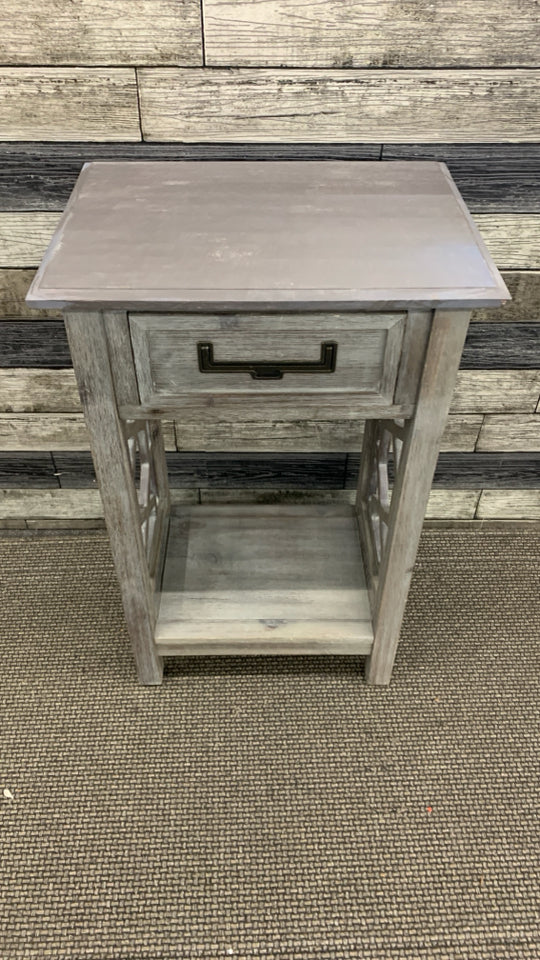 GRAY FARMHOUSE STYLE TALL NIGHTSTAND.