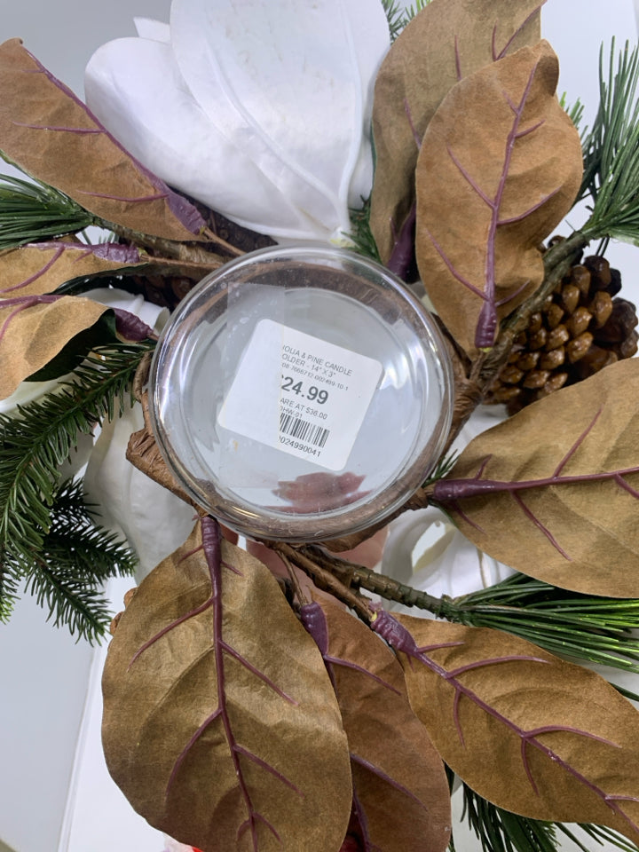 FAUX WHITE FLOWERS PINECONES/NEEDLES W/ GLASS INSERT CANDLE HOLDER.