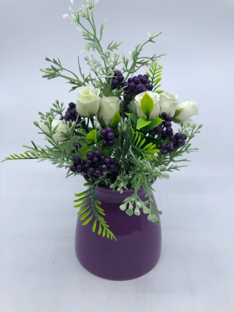 PURPLE VASE W/FLOWERS.