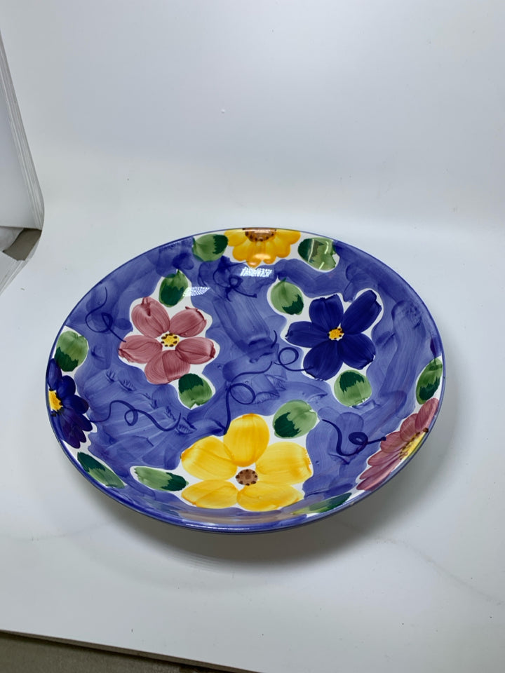 LARGE PASTA BOWL W/ RED BLUE & YELLOW FLOWERS.