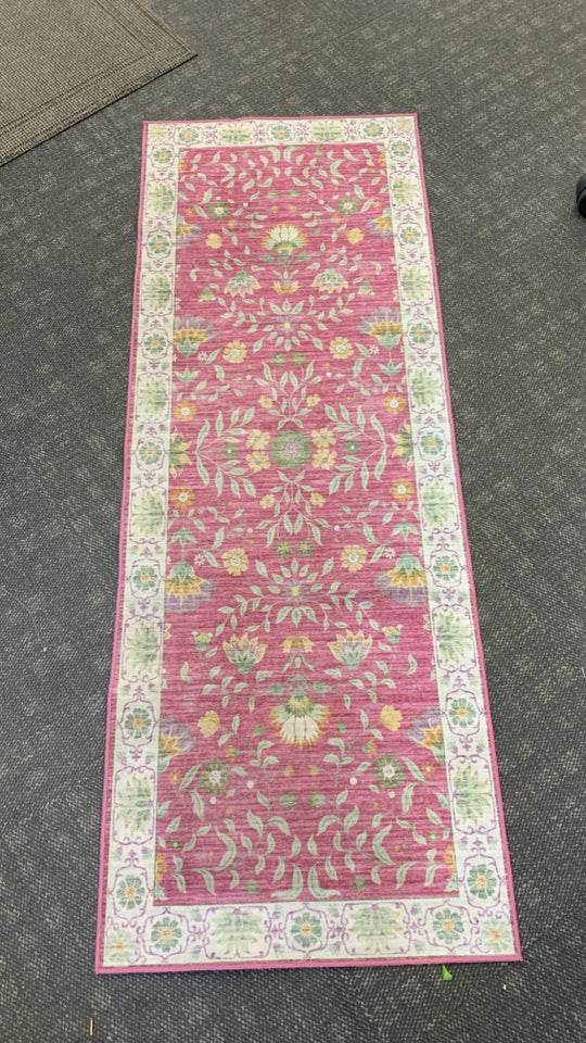 PINK W/ GREEN FLOWERS RUG RUNNER WASHABLE.