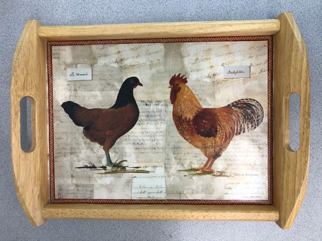 WOOD TRAY W/ROOSTER AND CHICKEN.