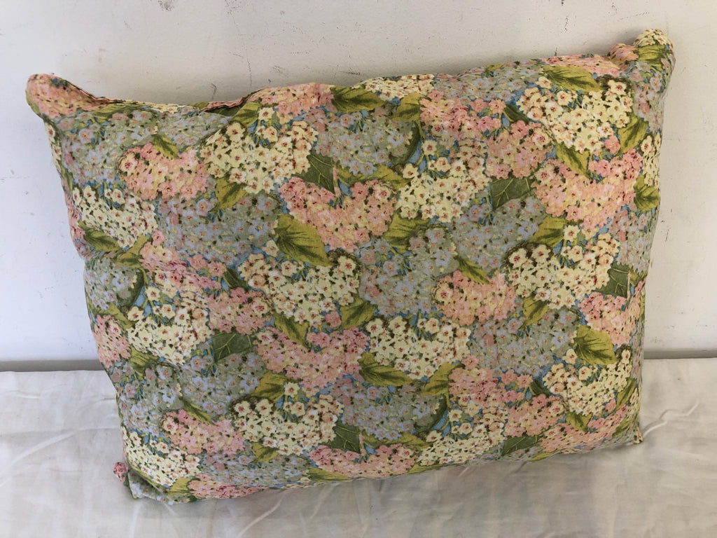 PINK AND BLUE FLORAL RECTANGLE PILLOW.