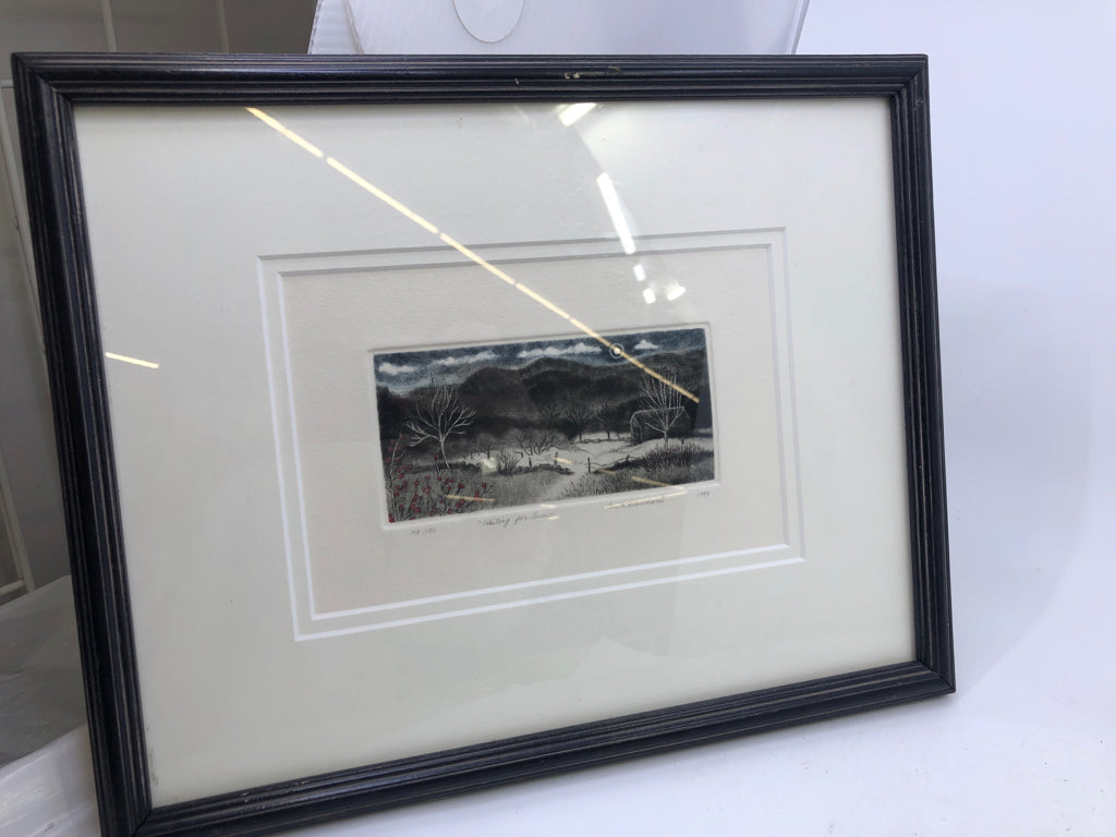 MEZZOTINT BARN IN THE WINTER "WAITING FOR SNOW" WALL ART.
