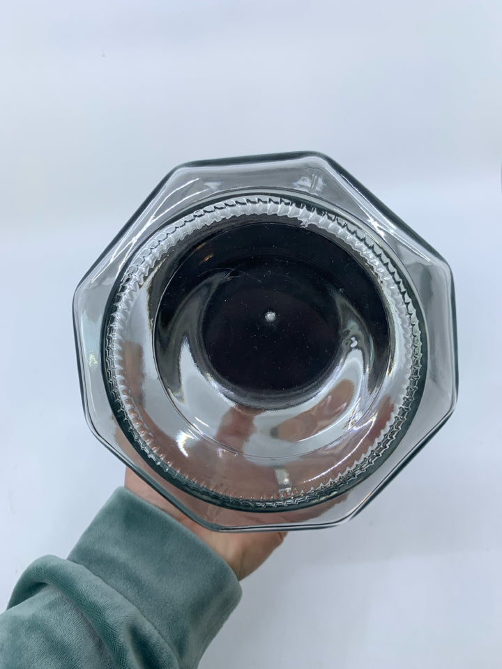 OCTAGON GLASS CANISTER W/ BLACK METAL LID.