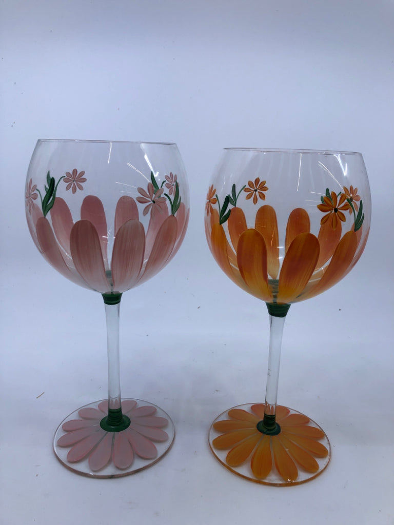4 LARGE PAINTED BULB WINE GLASSES.