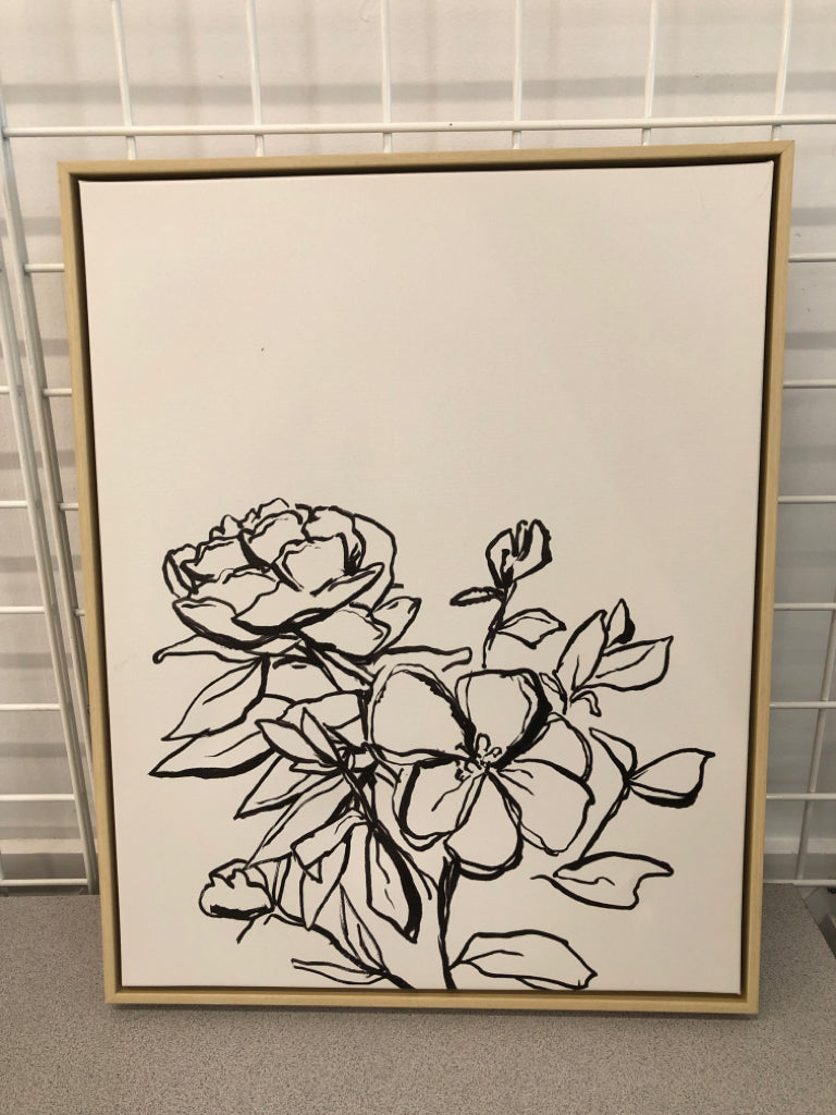 B&W LINE-WORK FLOWERS ON FRAMED CANVAS.