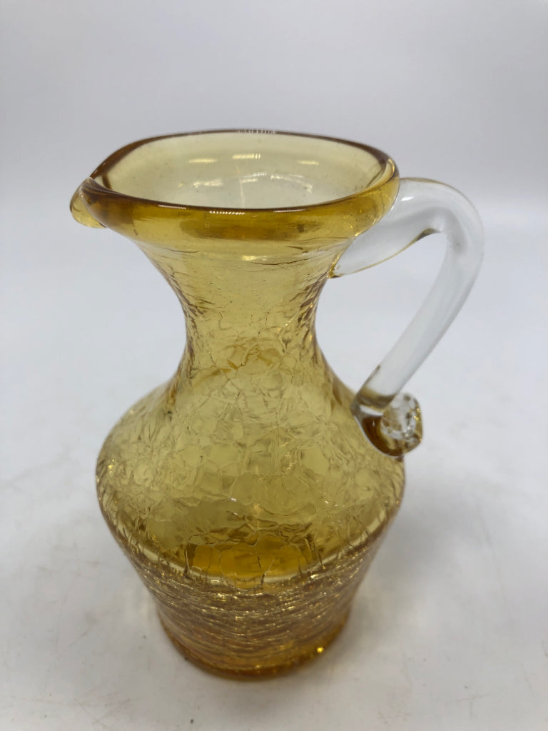 SM YELLOW CRACKLE GLASS PITCHER.