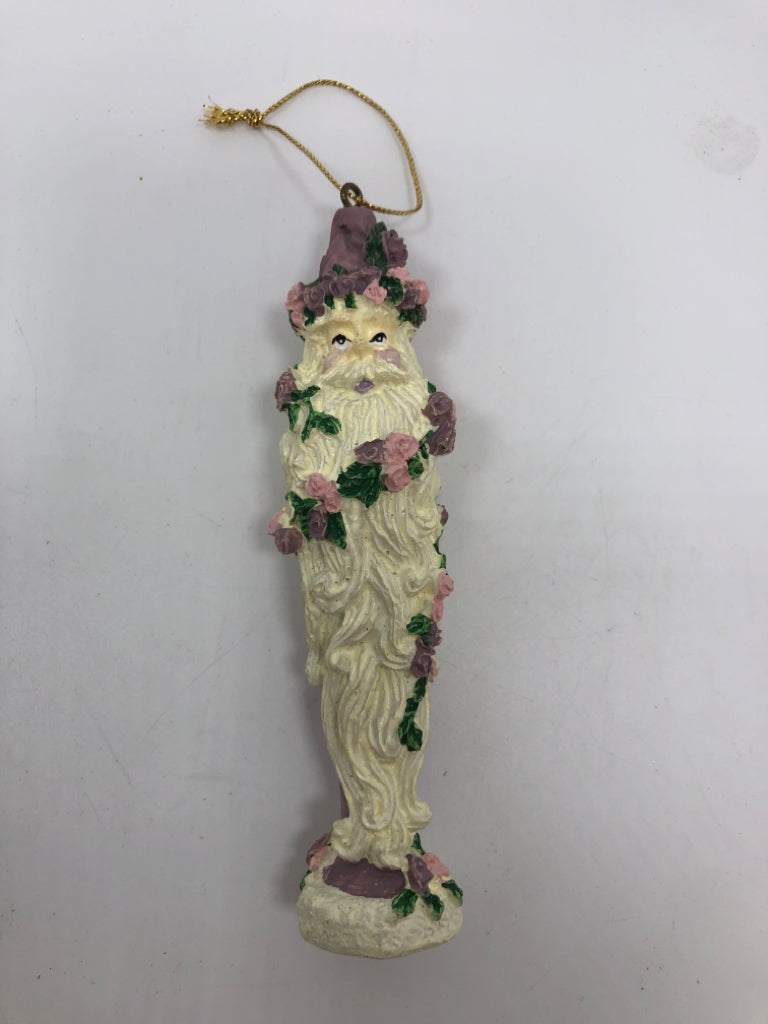 PURPLE FLORAL SANTA ORNAMENT.