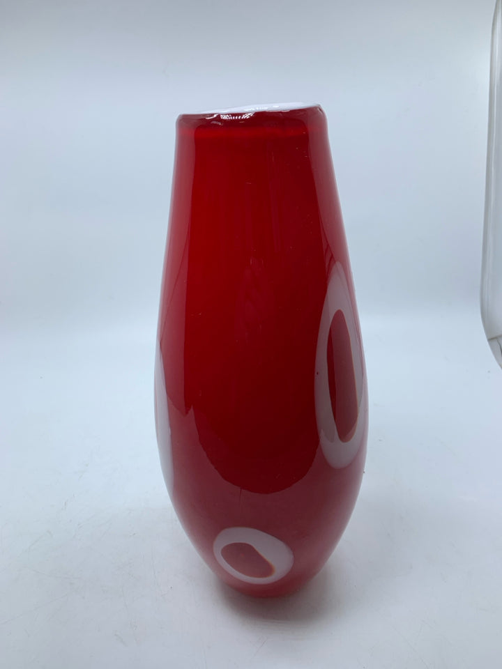 HEAVY RED BLOWN GLASS VASE W/ WHITE CIRCLES.