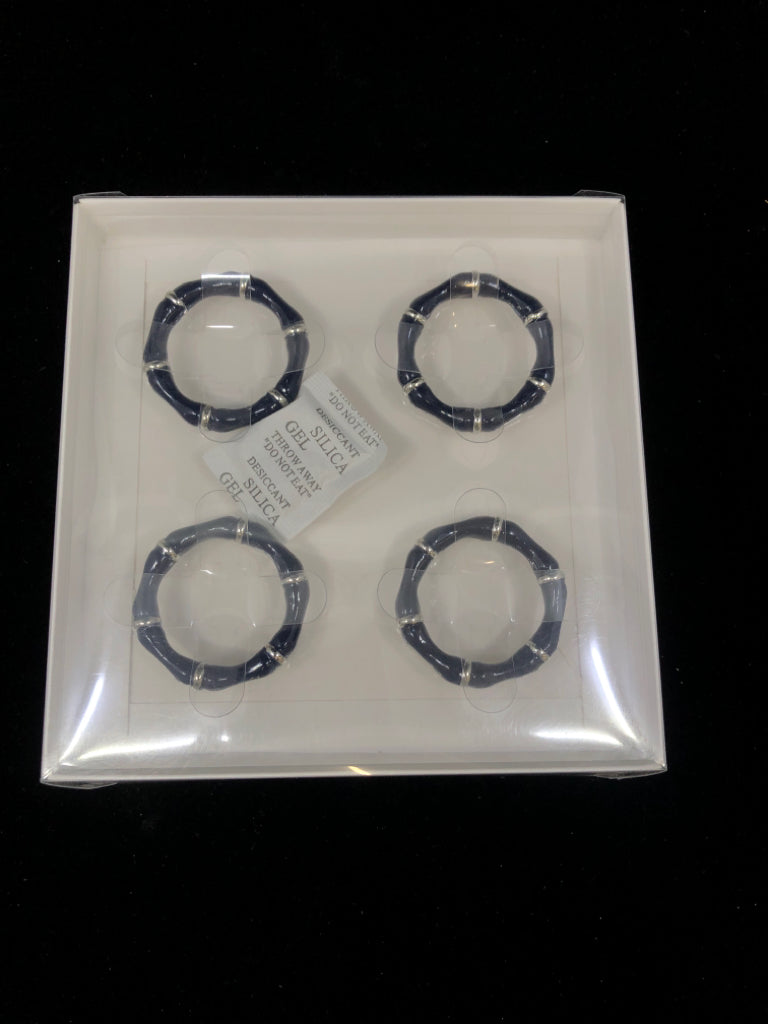 NIP 4PC ENAMEL BLUE&SILVER BAMBOO NAPKIN RING SET.