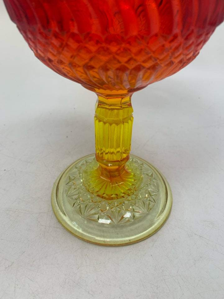 VTG LONG STEM FOOTED AMBERINA COVERED CANDY DISH.