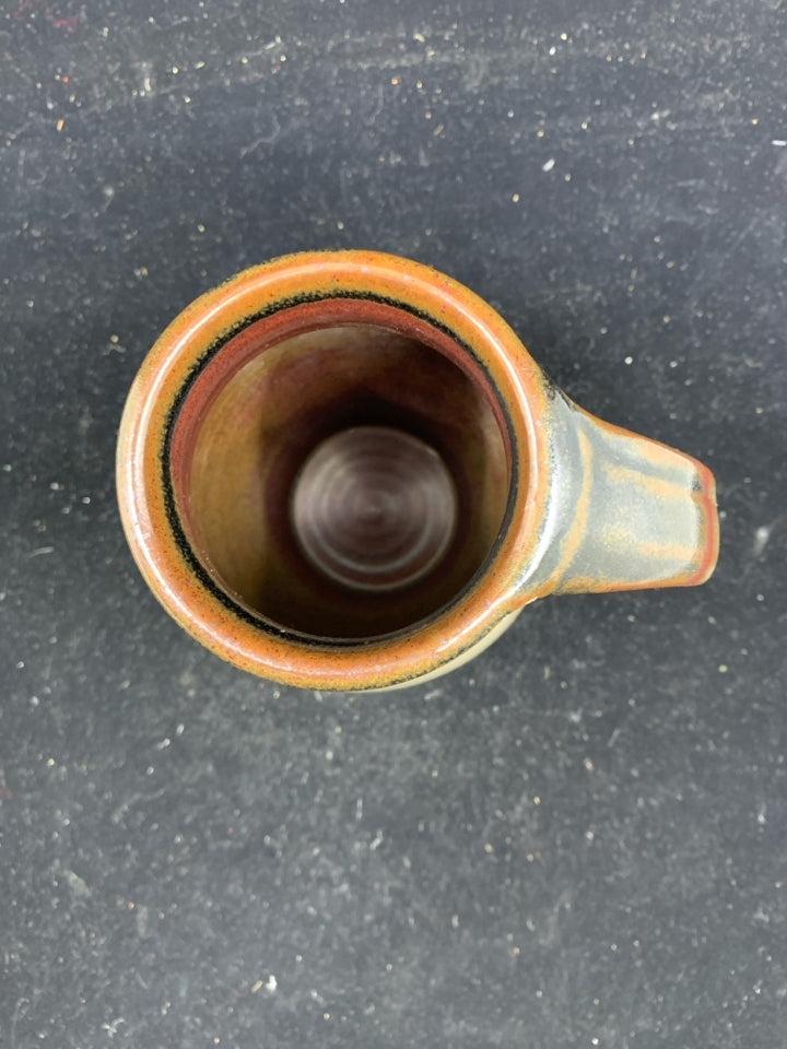 LARGE POTTERY MUG W/ BROWN+ MAROON TOP+BOTTOM.