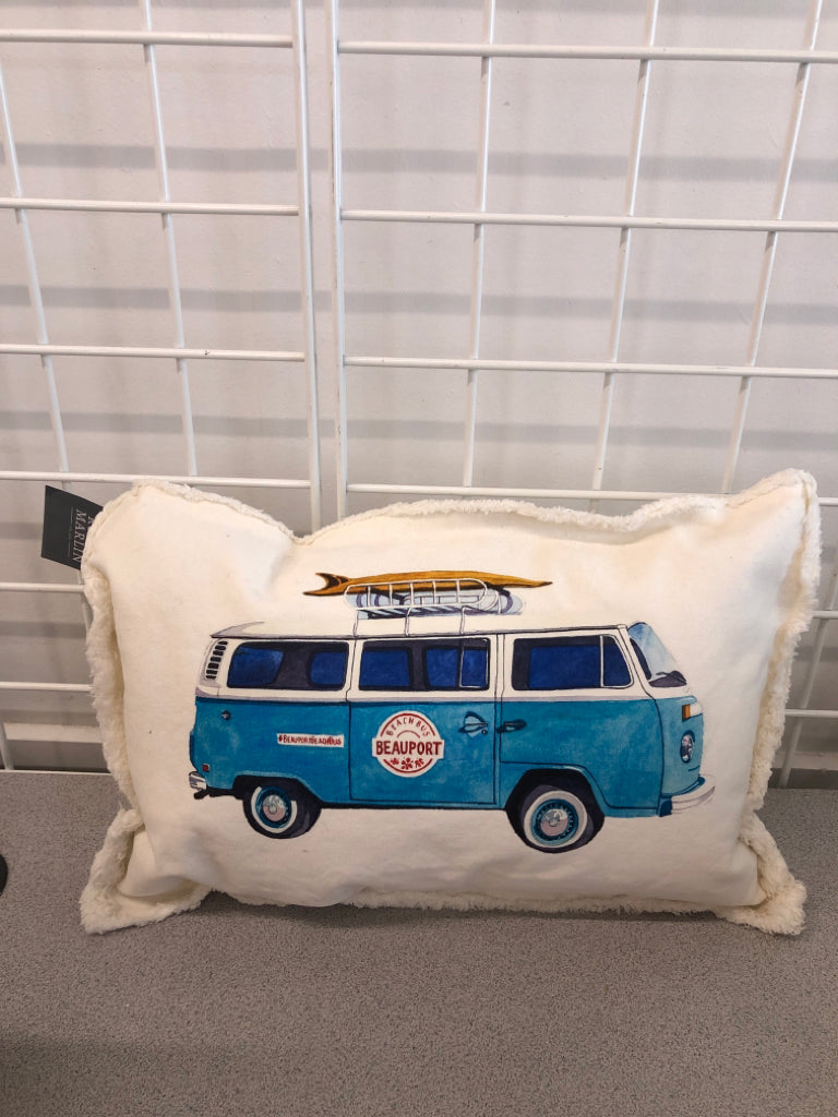 BLUE BEACH BUS THROW PILLOW W/FRAYED EDGES.