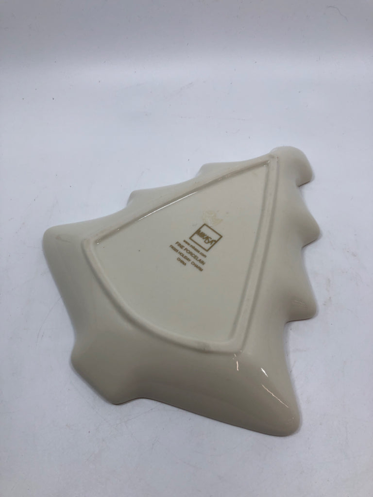 IVORY MIKASA CHRISTMAS TREE SHAPED TRINKET DISH W/ TRUMPETS.