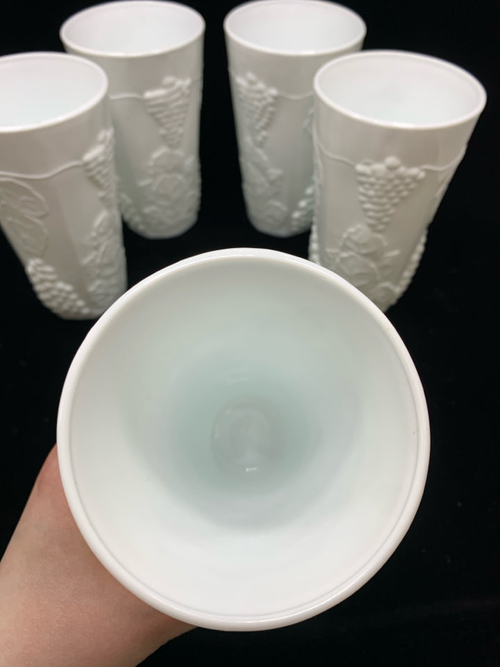 5 VTG MILK GLASS TUMBLERS W/EMBOSSED FRUIT.