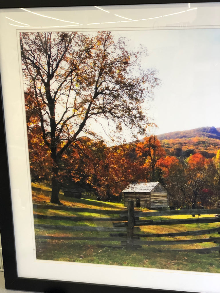 FALL SCENE COTTAGE IN BLACK FRAME WALL ART.
