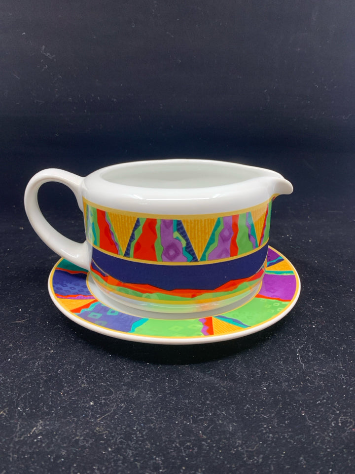 COLORFUL GRAVY BOAT W PLATE.