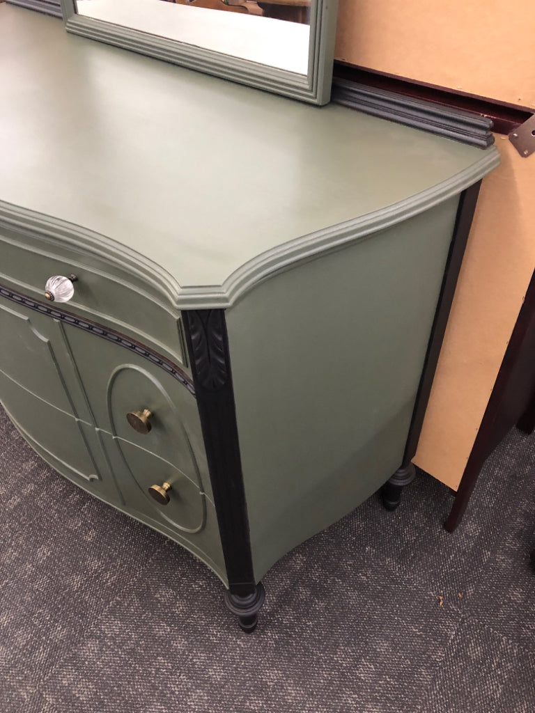 SAGE GREEN REFURBISHED 3 DRAWER DRESSER W/ ARCHED MIRROR.