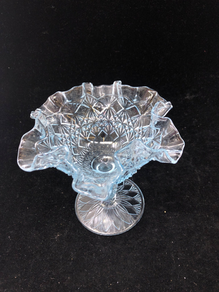 VTG FOOTED BLUE TINT BOWL W/RUFFLED EDGE FENTON.