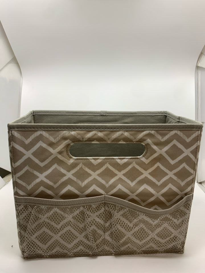 TAN W/WHITE LINES FABRIC MAGAZINE BIN.