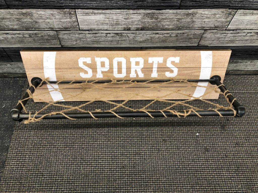 WOOD SPORTS SHELF W/METAL, BURLAP NET.