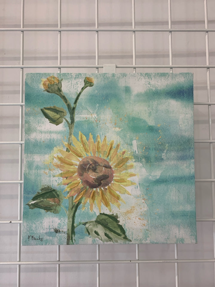 SUNFLOWER W BUDS TEAL BACKGROUND CANVAS WALL ART.